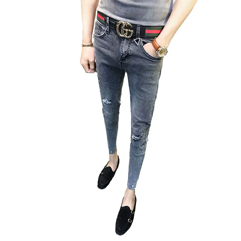 Модные 2021 весенне-Осенние эластичные рваные колготки облегающие джинсы с дырками серые простые джинсы до щиколотки брюки ковбойские для му... от AliExpress WW