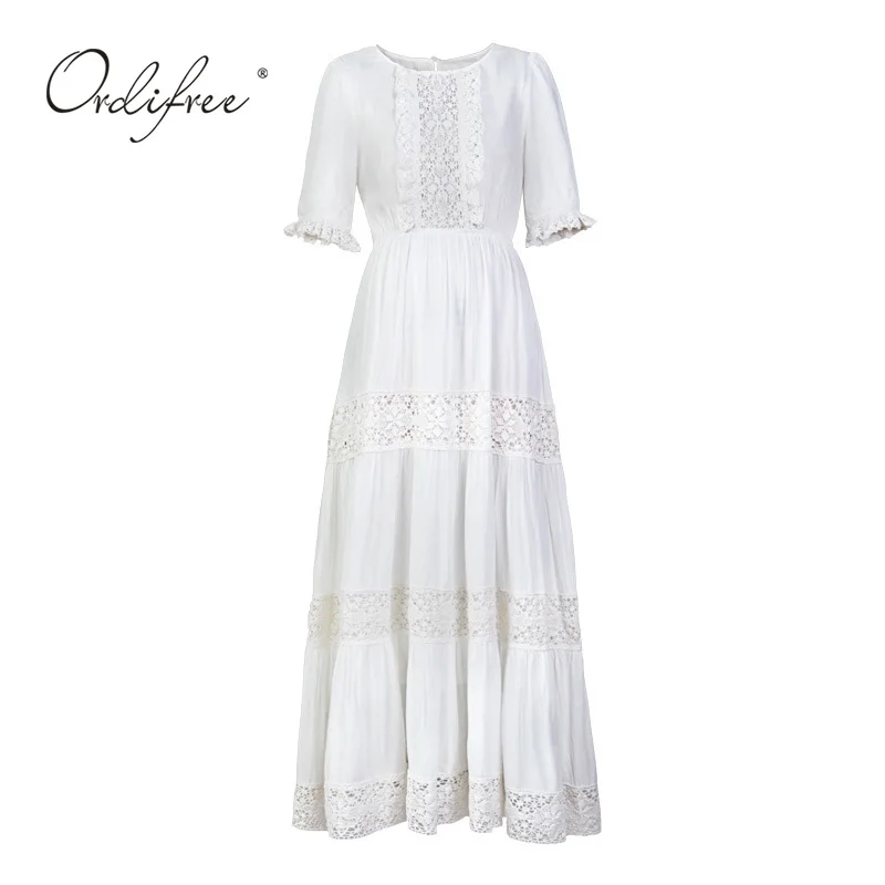 Ordifree летнее Boho женское Макси платье богемное белое кружевное хлопковое длинное пляжное платье-туника праздничная одежда