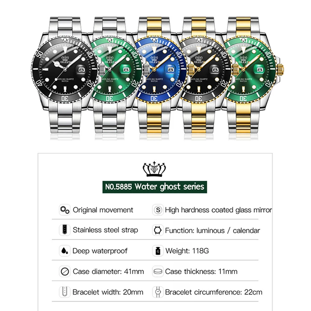 

Luxury Men Watch Original Top Brand Green Waterproof Quartz Sports Stainless Steel dive Rolexable Wristwatch Reloj Hombre + Box