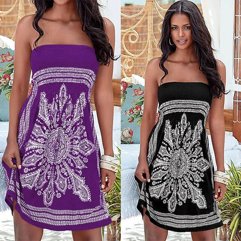 2020 Women Sexy Floral Casual Ethnic Style Summer Dress Beach Sundress Off Shoulder Boho Dresses Vestidos Femme | Женская одежда