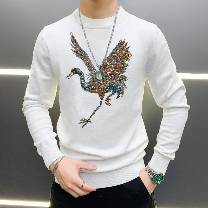 european 2021 new brand high quality crane pattern printing hot diamond mens sweater casual street star top m 5xl free global shipping