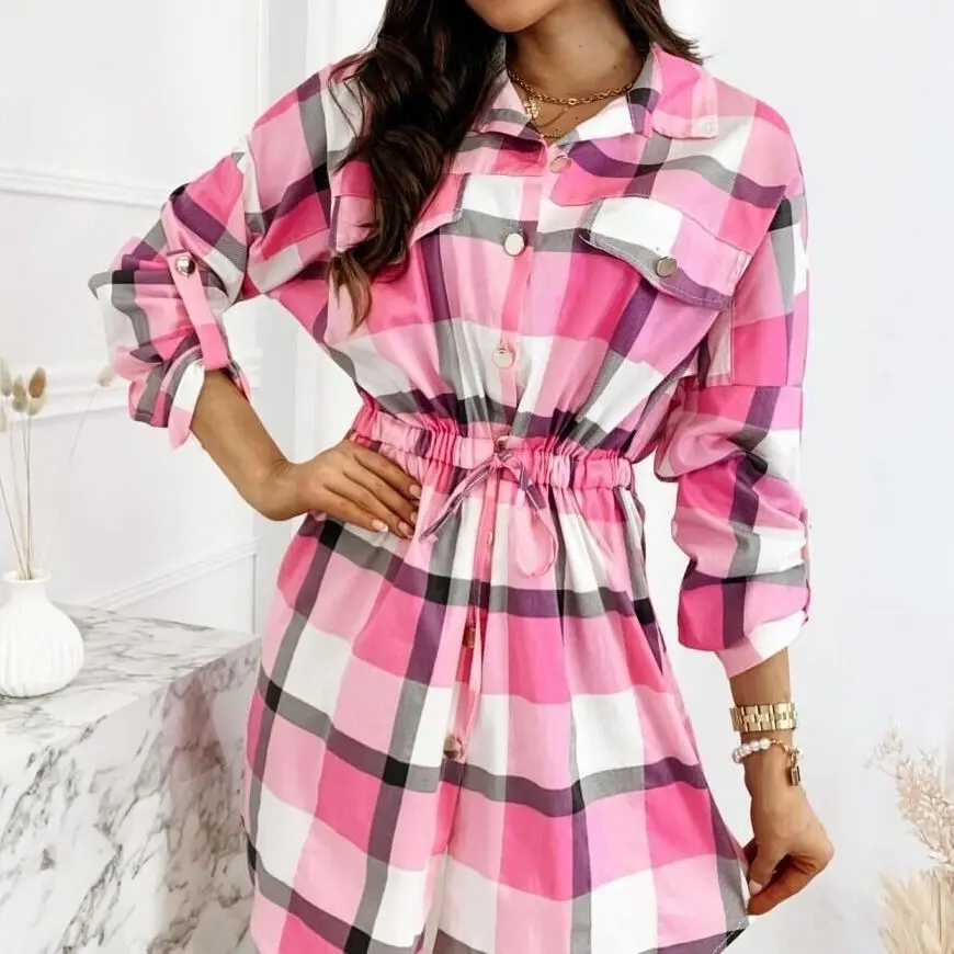 

Осенне-весеннее платье, женское повседневное клетчатое платье-рубашка, очаровательное облегающее платье на шнуровке с высокой талией, мини...