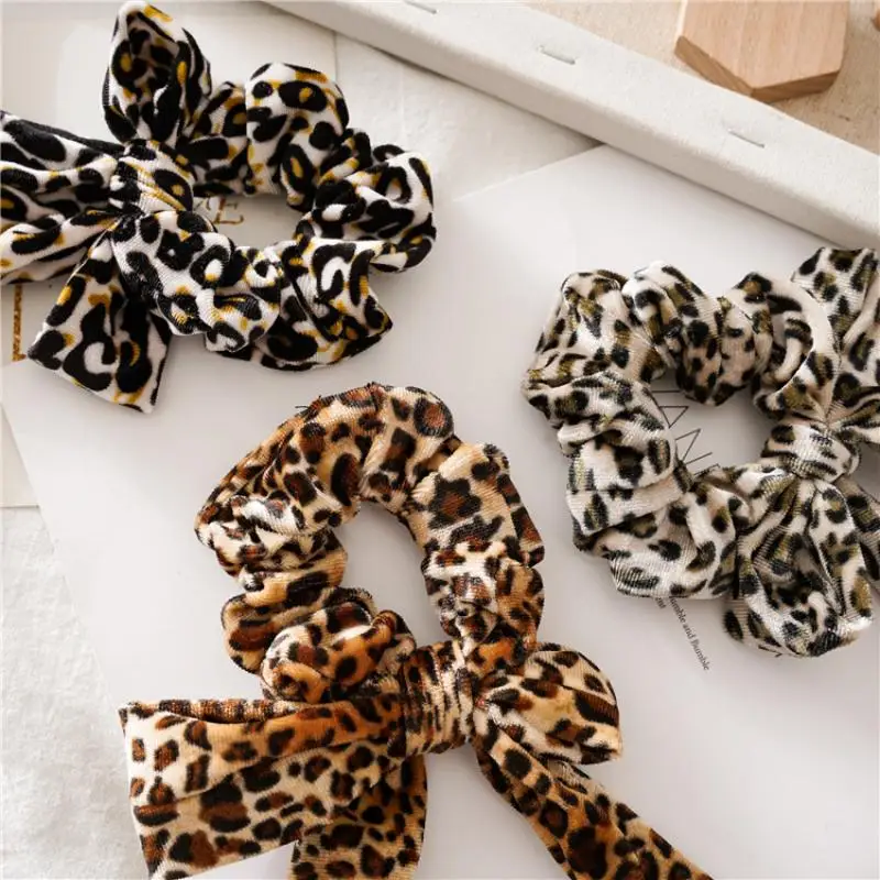 Винтажная фланелевая резинка для волос с бантиком зимняя мягкая леопардовая
