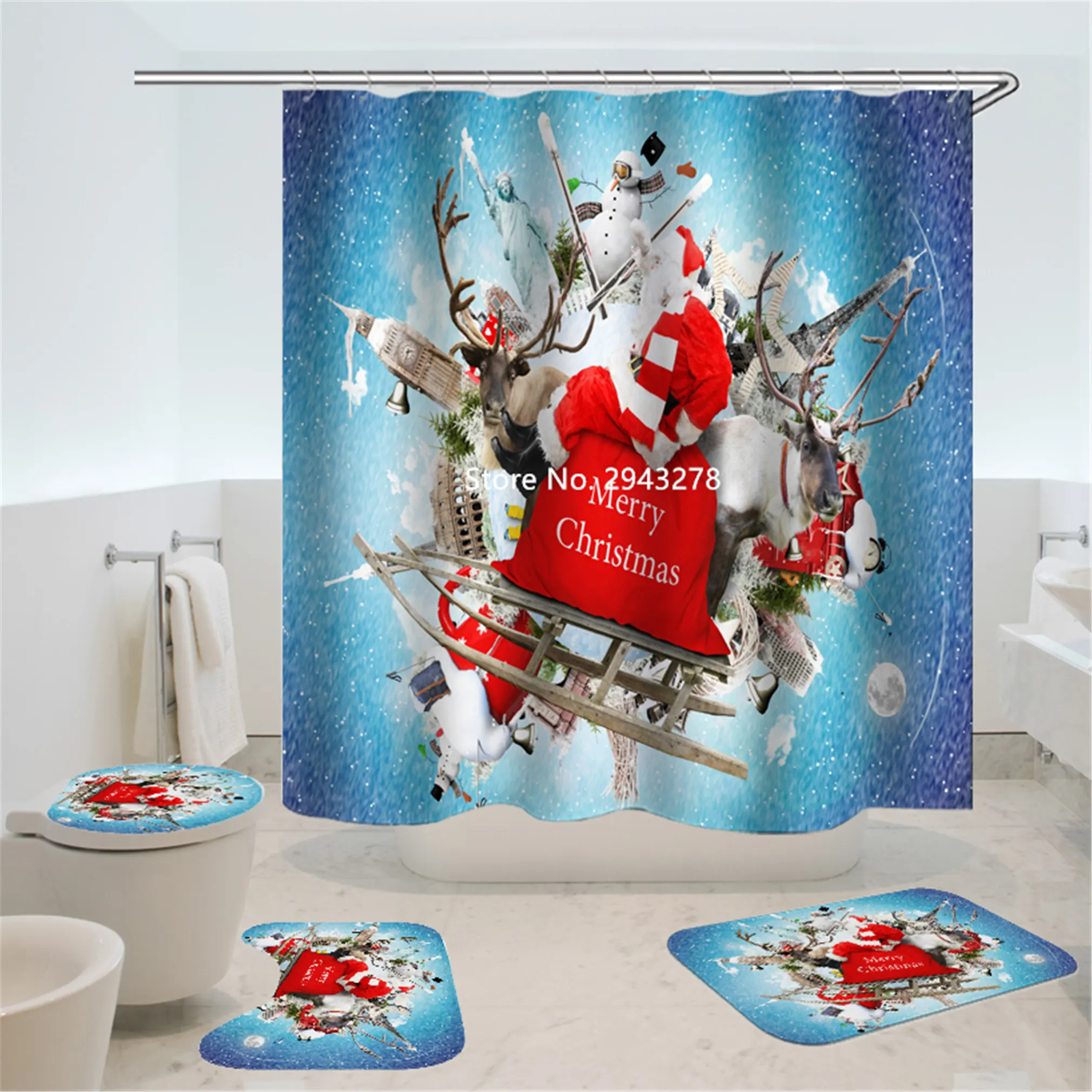 

Рождественская серия, водонепроницаемый и устойчивый к плесени моющийся с крючком, занавеска для душа, напольный коврик, коврик для туалета...