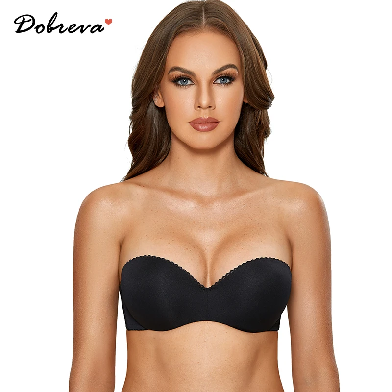 DOBREVA Women's Smooth Push Up Strapless Bra Plus Size Padded Underwire Multiway Bandeau