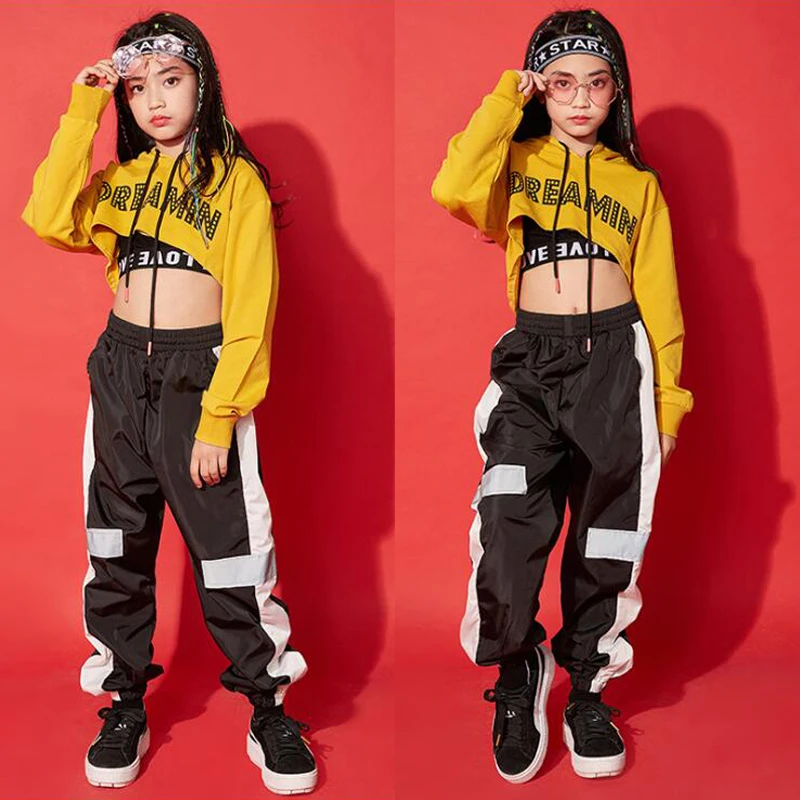 

Детская одежда для выступлений в стиле хип-хоп, толстовка с капюшоном, штаны-джоггеры, наряды для девочек, танцевальные костюмы для бальных ...