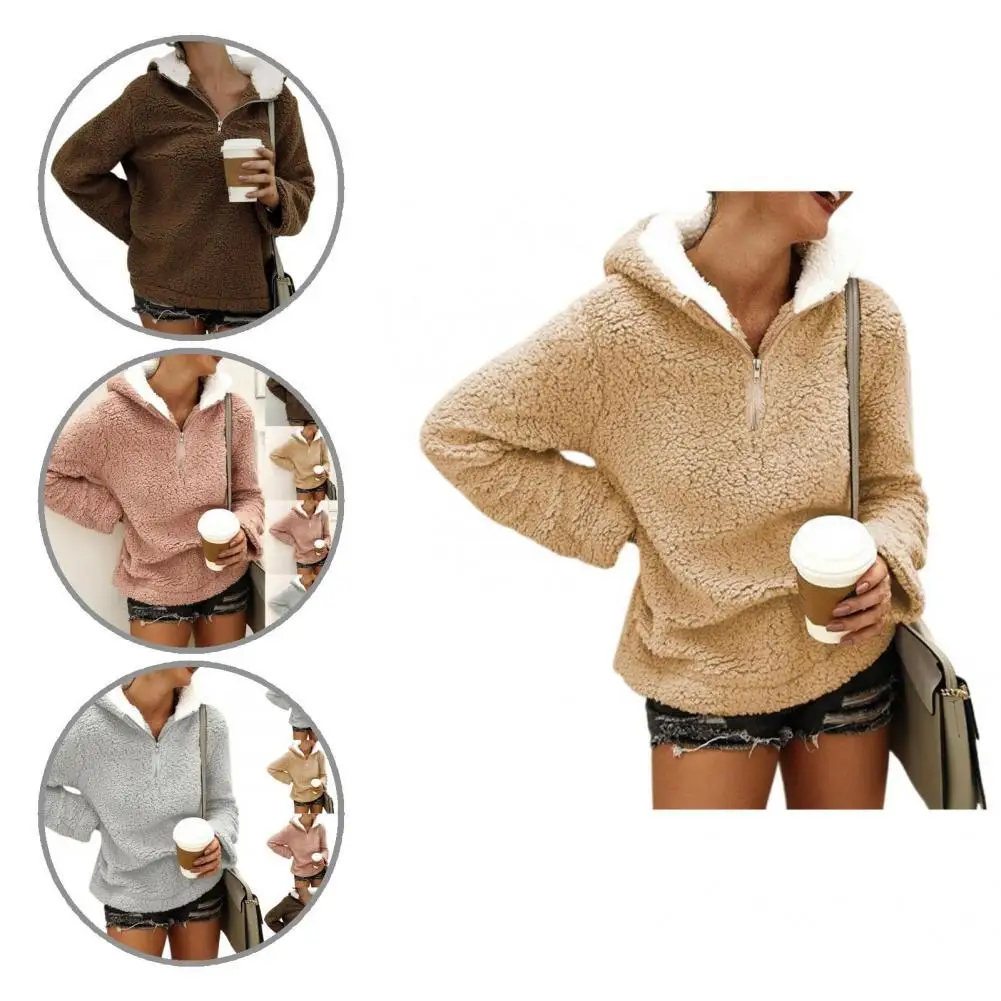 

Sweatshirt Coat Simple Zipper Neck Lady Pullover Hoodie Loose Hooded Fluffy Sweatshirt