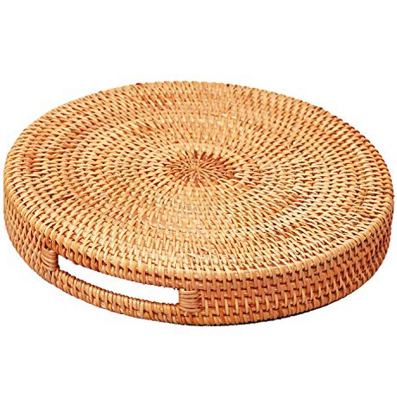 

Rattan Hand Woven Round High Wall Severing Tray Food Storage Platters Plate with Handles for Breakfast, Drinks, Snack for Coffee