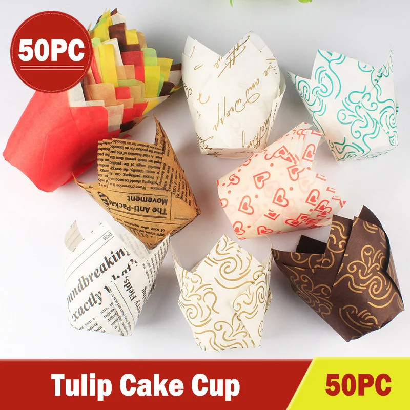

50pcs Newspaper Style Cupcake Liner Baking Cup For Wedding Caissettes Tulip Muffin Cupcake Paper Cup Oilproof Cake Wrapper