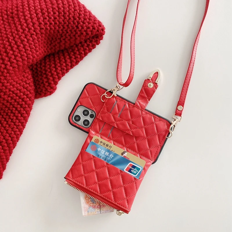 Kup Luksusowe Skórzane Etui Na Karty Smycz Crossbody Portfel Etui Na Telefony Dla IPhone 12 MINI 11 Pro XS MAX XR X 7 8 Plus Pasek Na Ramię