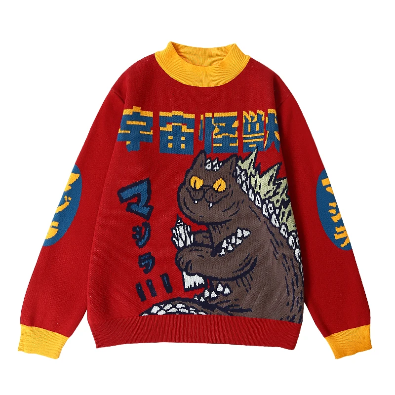 

Harajuku Fashion Knitted Women Sweater Cartoon Monster Embroidery Student Sweater Coat Loose Retro Hit Color Pullover Sweater