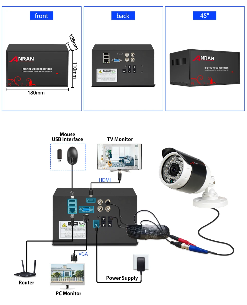 ANRAN, 1080 P, AHD камера видеонаблюдения, аналоговая, HD камера безопасности, 4CH DVR, комплект, водонепроницаемая, для улицы, CCTV, домашняя система видеонаблюдения