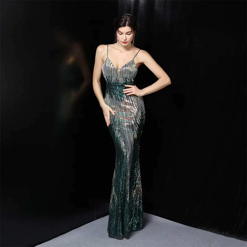 

New Spaghetti Strap Evening Dress Sexy Lace V-Neck Floor-Length Mermaid Backless Sequins Plus size Women Formal Party Gown C520