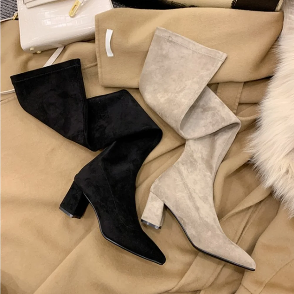 Ботфорты женские на высоком каблуке пикантные эластичные сапоги до бедра