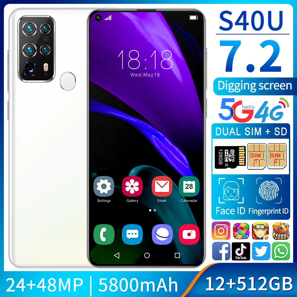 

Newest Smartphone S40U Ultra 5800mAh Battery 12GB RAM 512GB 7.2Inch HD Screen 4G 5G 24MP 48MP Face Recognition