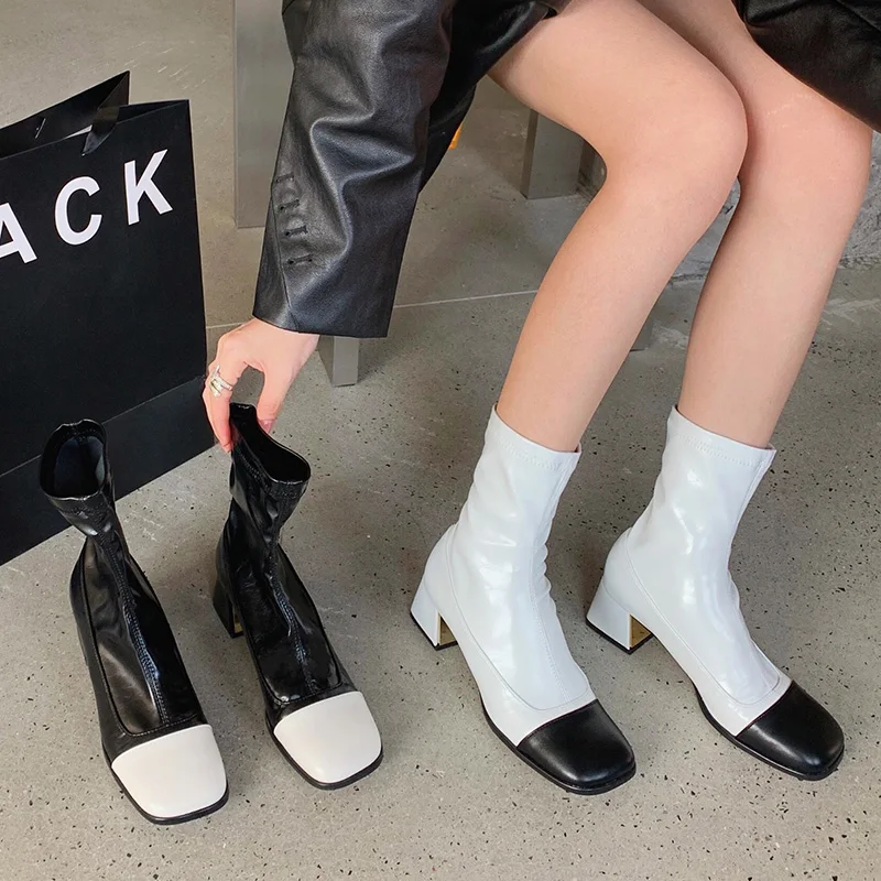 

Женские ботильоны с квадратным носком, теплые эластичные ботинки-носки на меху, на высоком блочном каблуке, обувь Челси для выпускного вече...