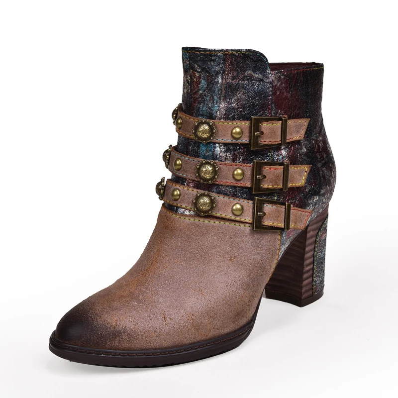 

2019 New High-Heeled Boots Shoes Women's Genuine Leather Rivets Personality Comfortable European and American Ankle Boots