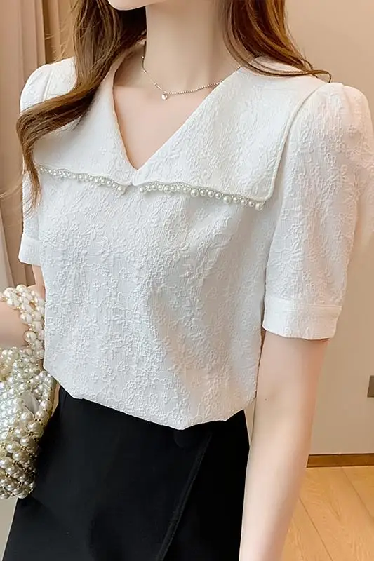 

2021 Summer Turndown Collar White Blouse Women Fashion Beaded Elegant Puff Sleeve Shirt Ladies Vintage Tops Female
