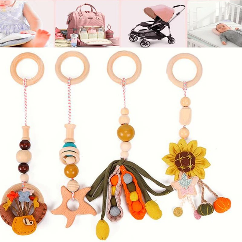 

4PCS Baby Rattles Stroller Hanging Toy Mobile Bed Cute Wooden Teether Baby Crib Hanging Bell Toys Infant for 0-12months