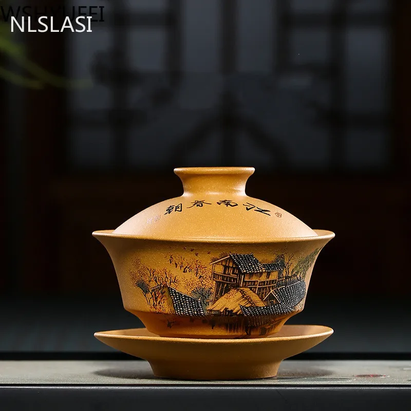 Чайный набор NLSLASI Yixing, чайный набор из фиолетовой глины Gaiwan zisha, китайская чайная посуда, чашка с крышкой, блюдце, чайная чашка для заваривания, индивидуальный подарок, 130 мл