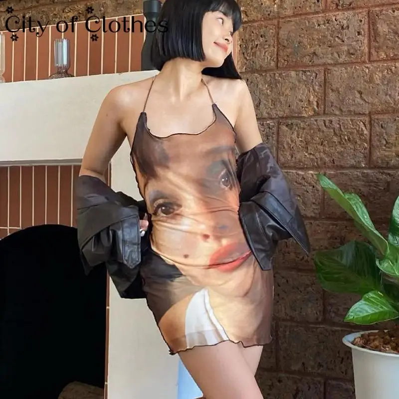 

2021 Y2K Women Character Printing Slip Backless Mini Dress Backless Bodycon Sexy Party Elegant Club Vacation Slim Dresses Robe