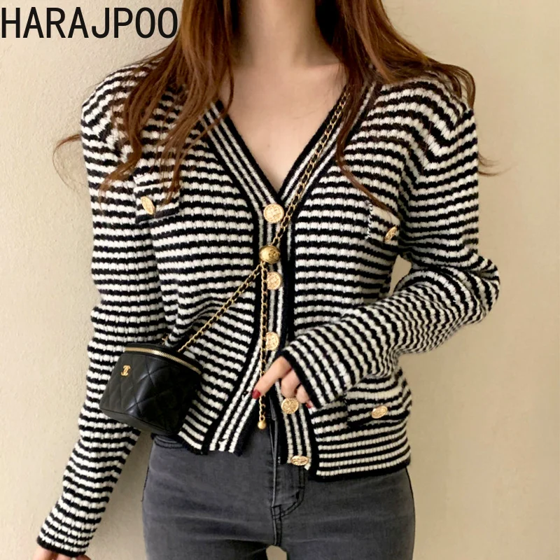 

Cardigans Harajpoo Female Fall French Temperament V Neck Color Stripe Design Metal Single Breasted Long Sleeve Knitted Sweater