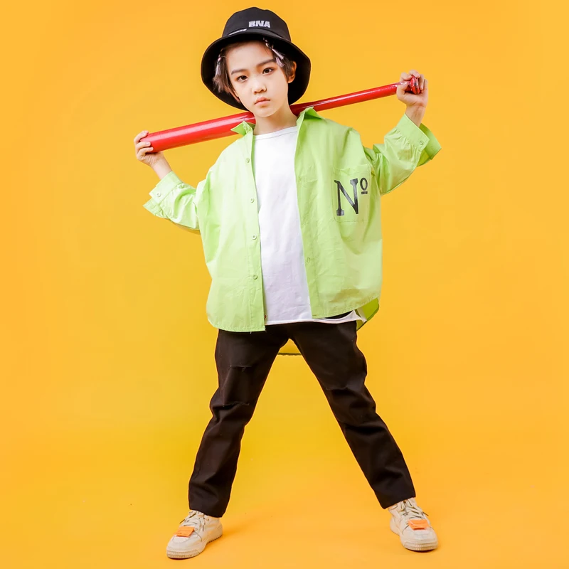 

Children Ballroom Hip Hop Clothing Loose Green Tshirt Coat Top Casual Jeans Pants for Girl Boy Jazz Dance Clothes Costume Wear