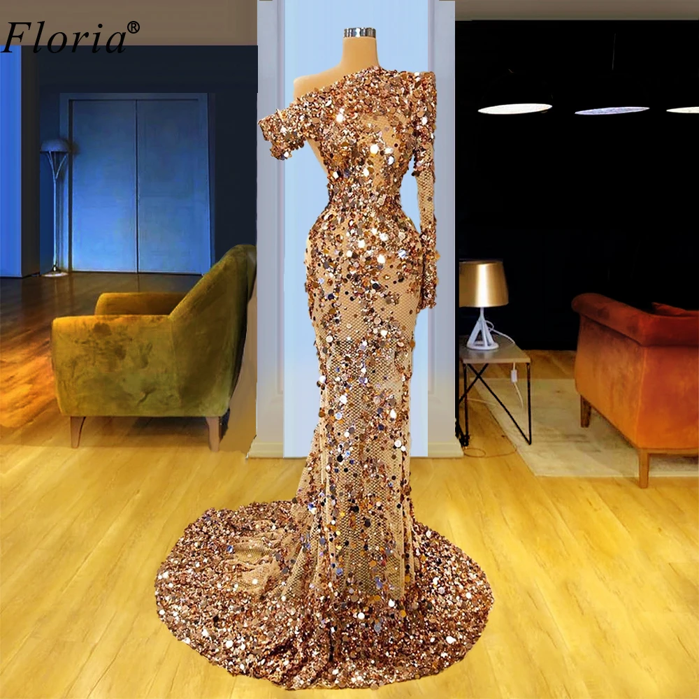 

Luxury Sparkly Champagne Prom Dresses 2020 Sequins Illusion Arabic Evening Gowns One Shoulder Long Celebrity Dresses Party