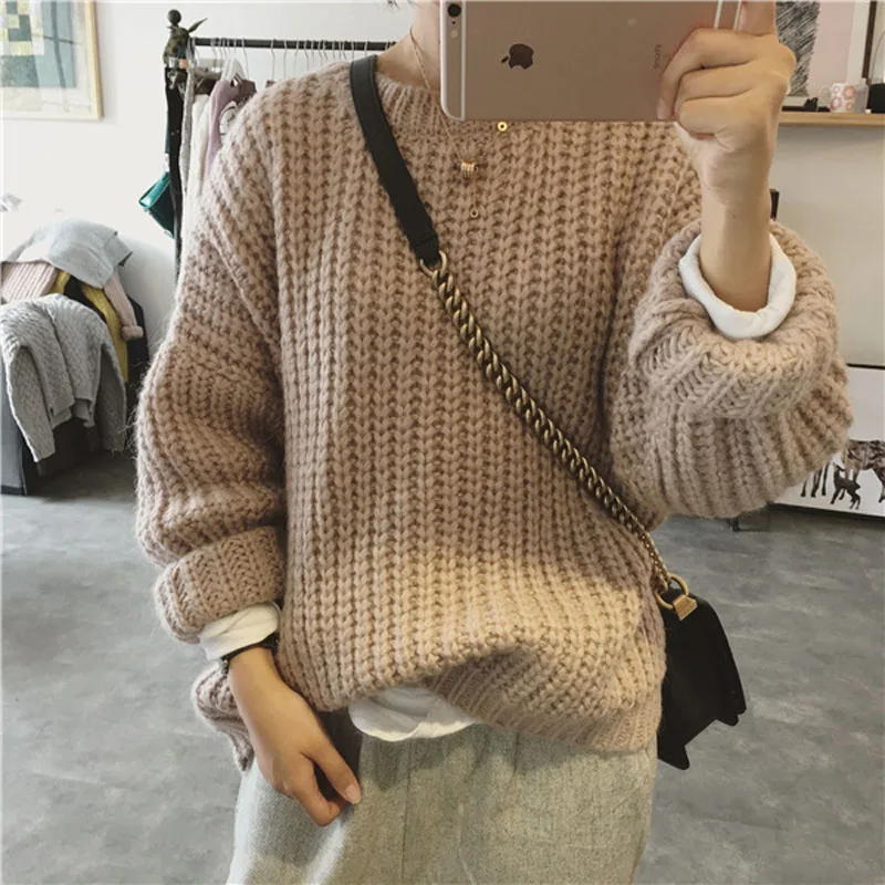

Women Long Sleeve O Neck Sweaters Autumn Winter Thicken Warm Knit Pullover Female Fashion Oversized Casual Jumper Loose Knitwear