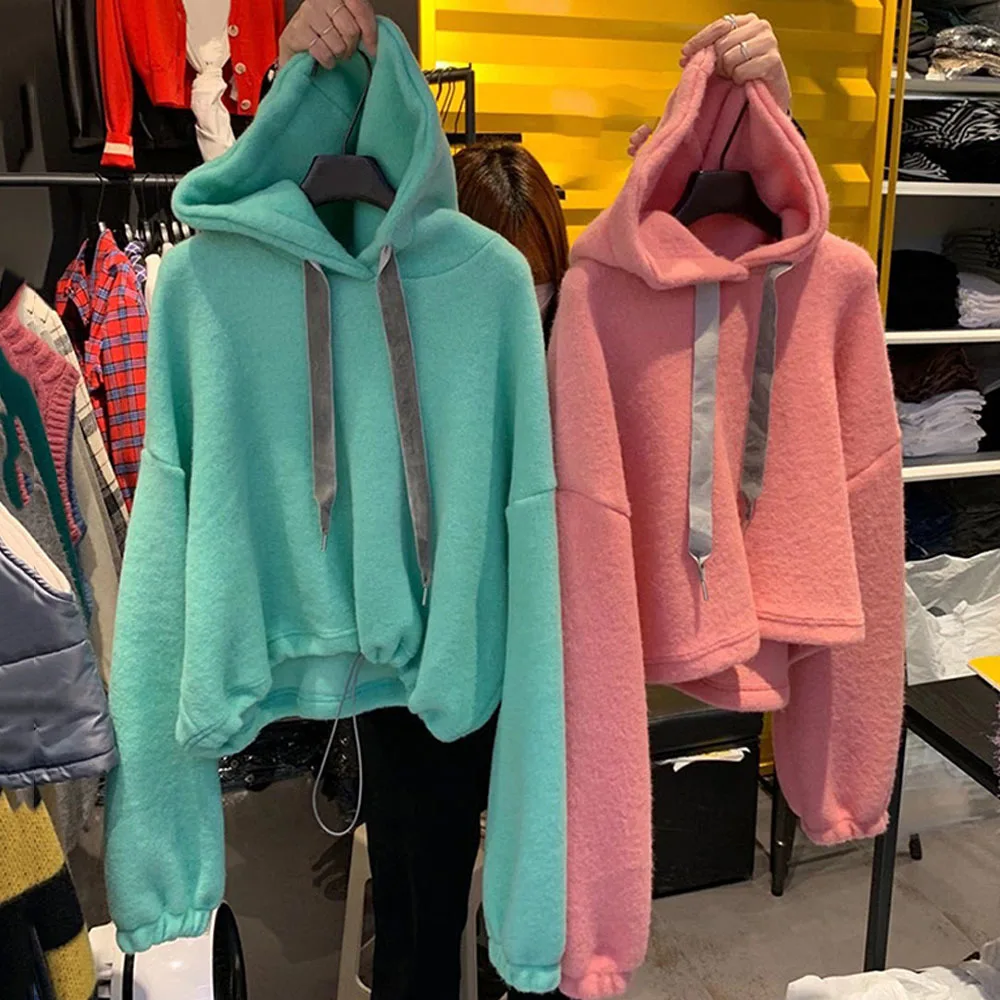 Женский бархатный свитшот на завязках однотонный Свободный пуловер с капюшоном