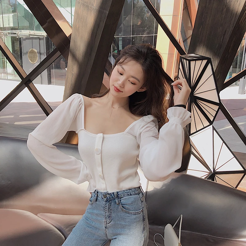 Women Slim Patchwork Chiffon Full Lantern Sleeve Square Collar Cropped T-Shirts Lady Knitted Stretchy Crop Tops Tshirt For Girls