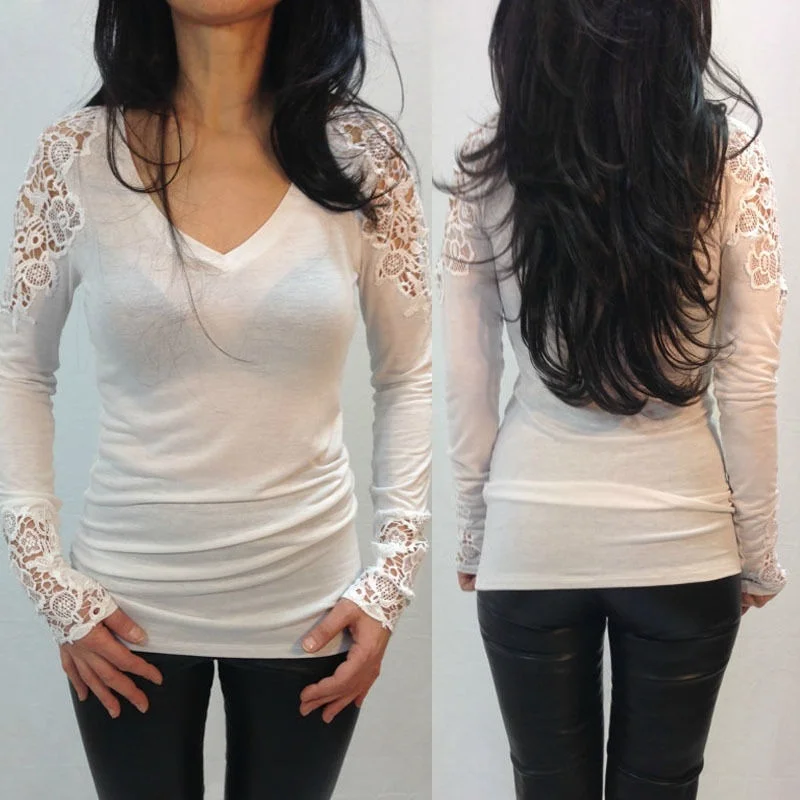 Fashion Women Cotton Shirts Sexy Lace Crochet Long Sleeve T-Shirt Ladies Casual Blouse Tops | Женская одежда