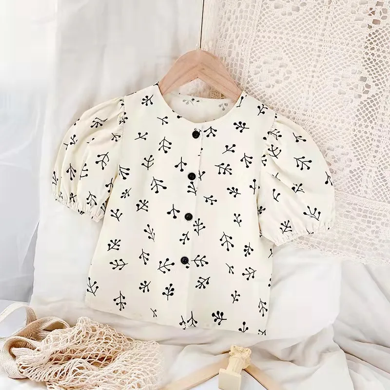 

Children'S Clothing Cotton Puff Sleeve Natural Color Cute Girl'S T-Shirt Round Neck Print Summer Children Tee