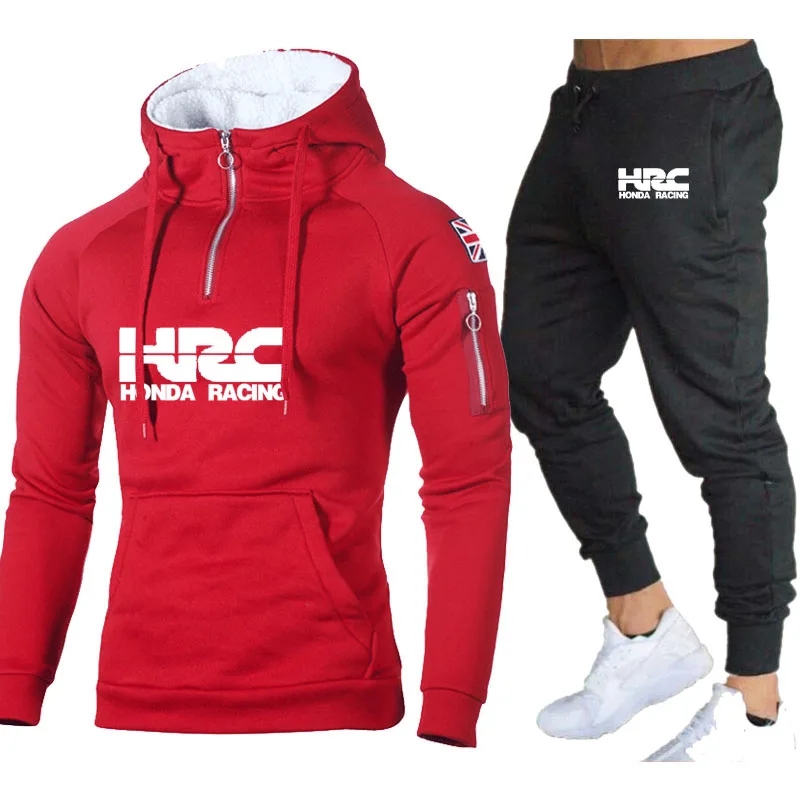 

2021 NEW Casual Men hooded HRC race motorcycle Car Logo printing high quality Spring Autumn Cotton Men Hoodie+Pants 2-piece