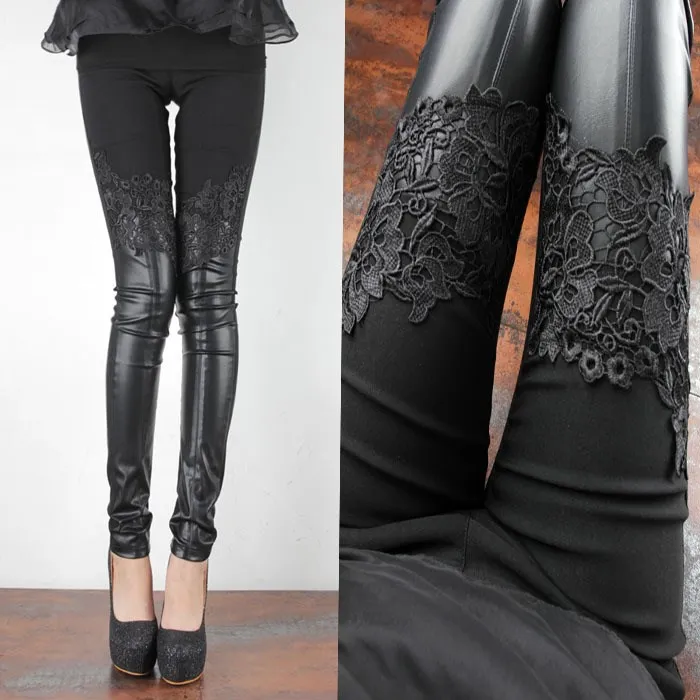 Autumn Winter Women Slim Pu Leather Pants Female Patchwork Lace Leggings Fashion Sexy Pencil Trousers | Женская одежда
