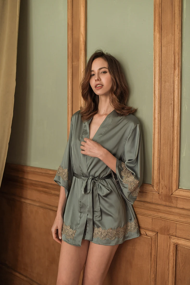 Yhotmeng sexy straps large size tie with long sleeves silk robes for women bath robe bridesmaid robes