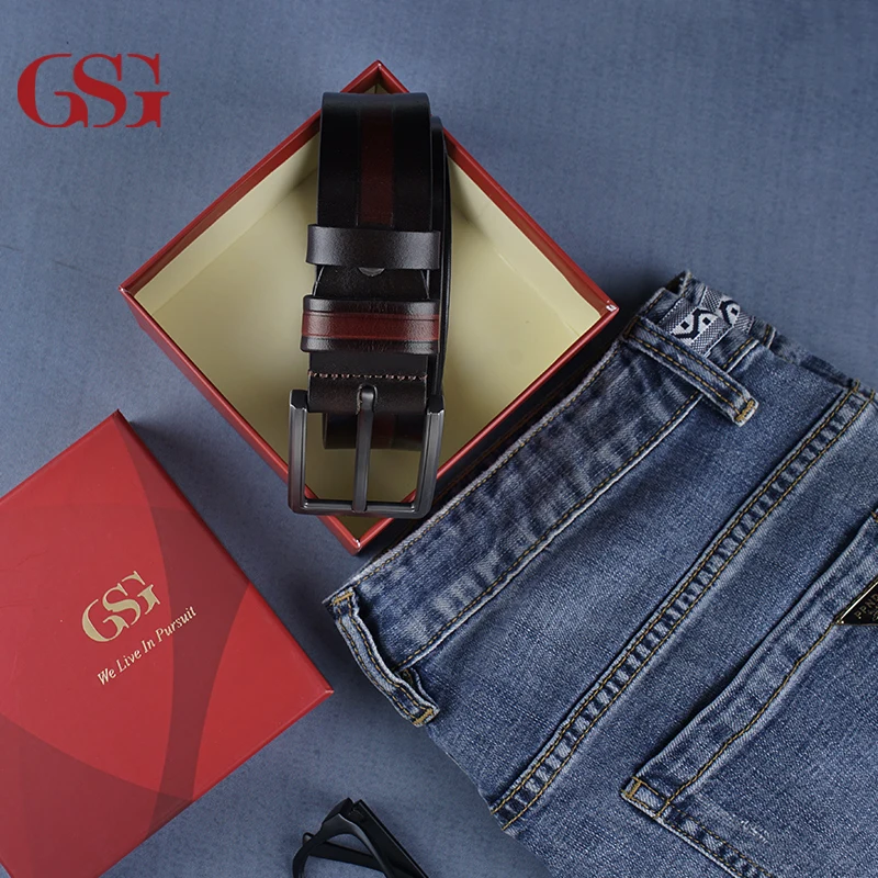 

GSG Mens Pin Buckle Cowhide Leather Belts Fashion Patchwork Handmade Colored Casual Jeans Wide Belts for Males Black 110 115 120