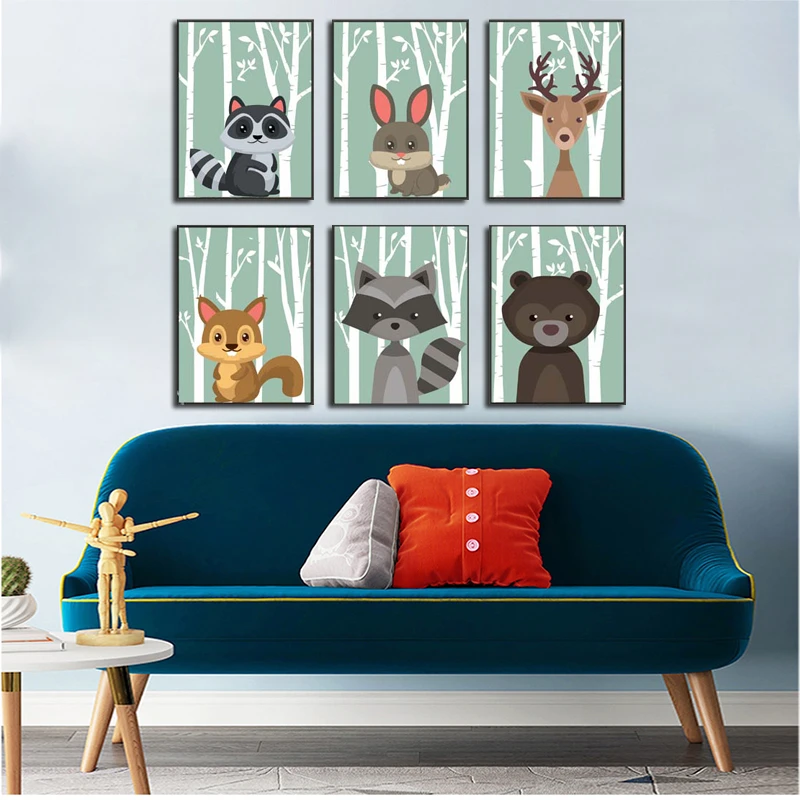 Лес мультфильм постеры с животными белка рисунок оленя на холсте для детской