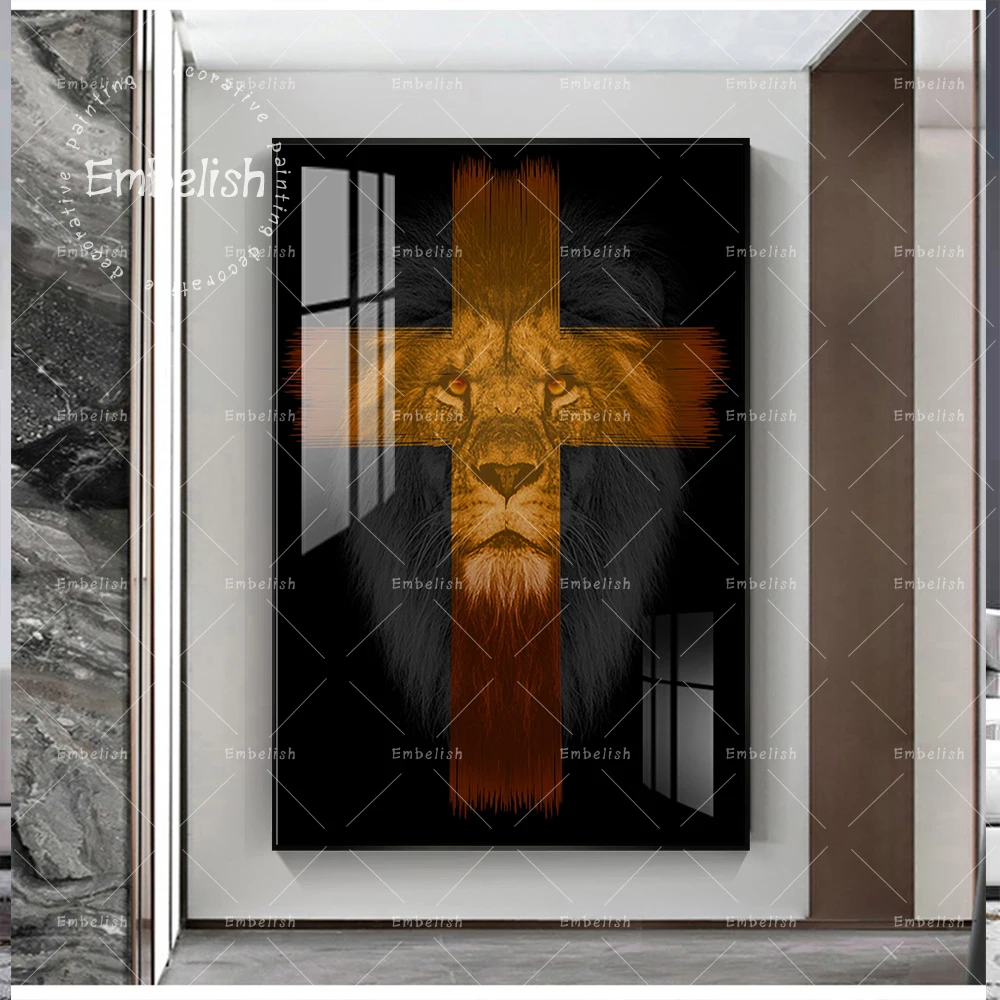 

1 Pieces Vintage Lion And Cross Animals Wall Art Pictures For Living Room Home Decor Posters HD Spray On Canvas Oil Paintings