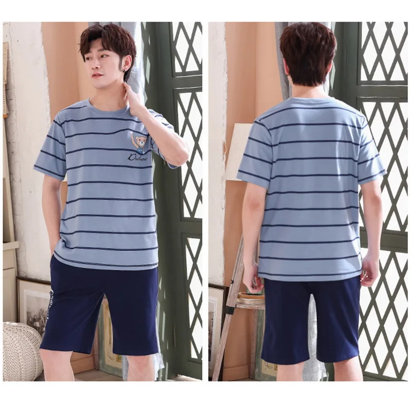 

Newest Men's Pajamas Set Plus Size L-3XL Summer Striped Sleepwear Men's Short Sleeve Nightwear Short Top Pant Leisure Outwear