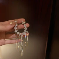 unique design transparent crystal circle clip earrings for women ladies full shinning rhinestone long tassel earrings oorbellen