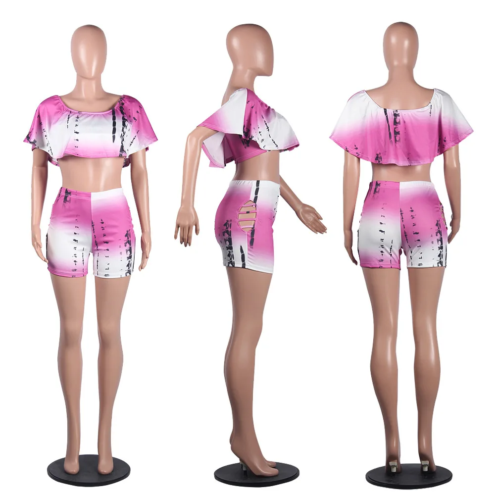

HAOOHU Hot Mature Sexy Style 2019 Multi Color Short Sleeve Mini Top Hollow out Short Pants Beach Women 2 Piece Set YLY2300