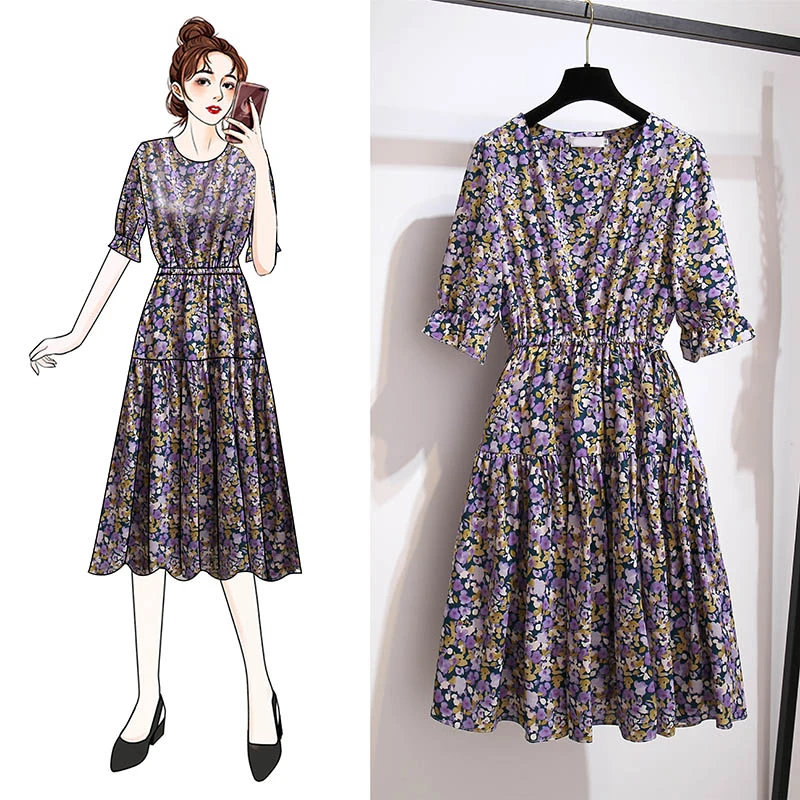 

Summer Women's Casual Floral Print Dress 2021 Short Sleeve Woman Fashion Retro ​Dresses Mid-Length Summer Office Female Dress