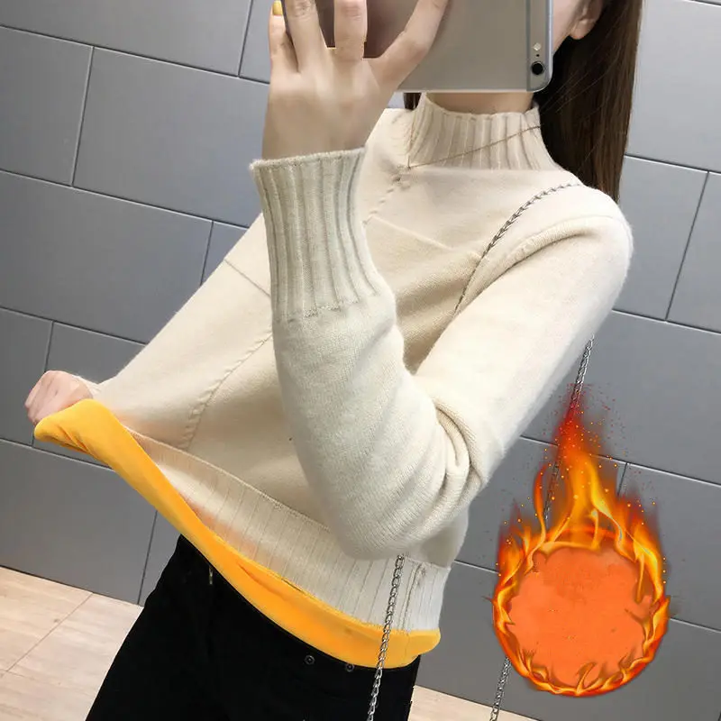 Beige khaki Sweater Плюс бархатный пуловер свитер Женский Повседневный осенне-зимний свитер с высоким воротом женские свободные женские кофты вязаный свитер женский q75 - Цвет: Beige khaki Sweater