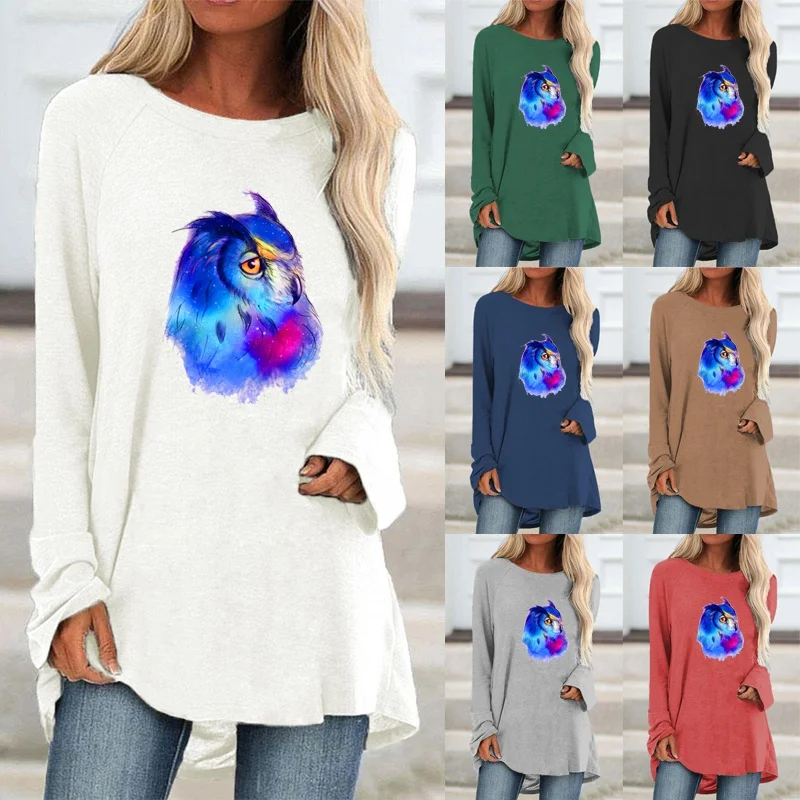 

Autumn Clothing for Women Round Neck Pullover Top Solid Color Plus Size Fashion Cartoon Printing Graphic Loose Shirt Casual Top