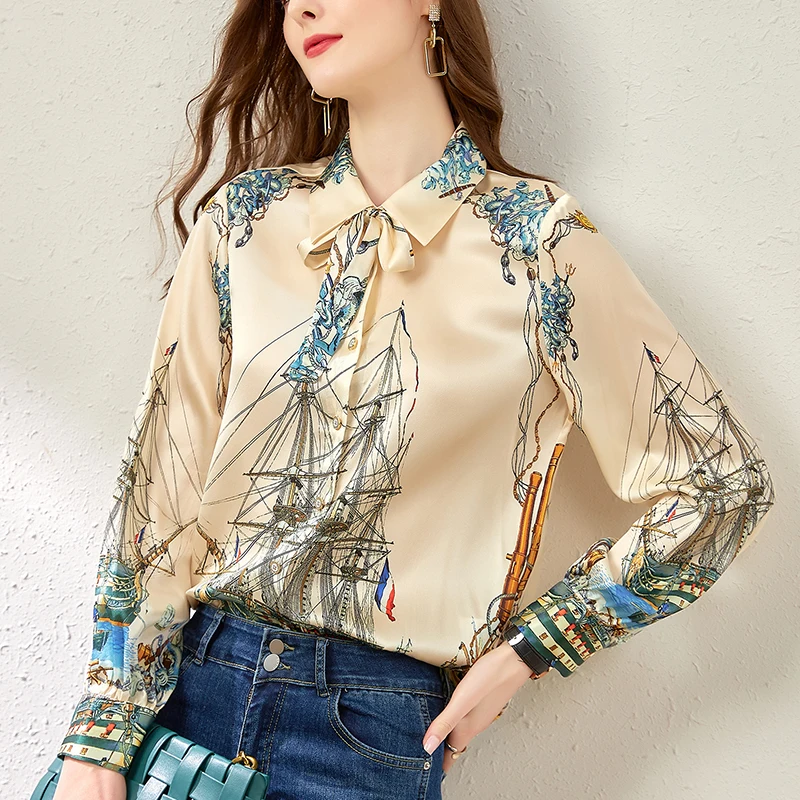 

Spring Autumn Women's Print Shirt Elegant Bow Turn-down Collar Long Sleeve Woman Shirts Blouses Real Silk Female Blouse Tops