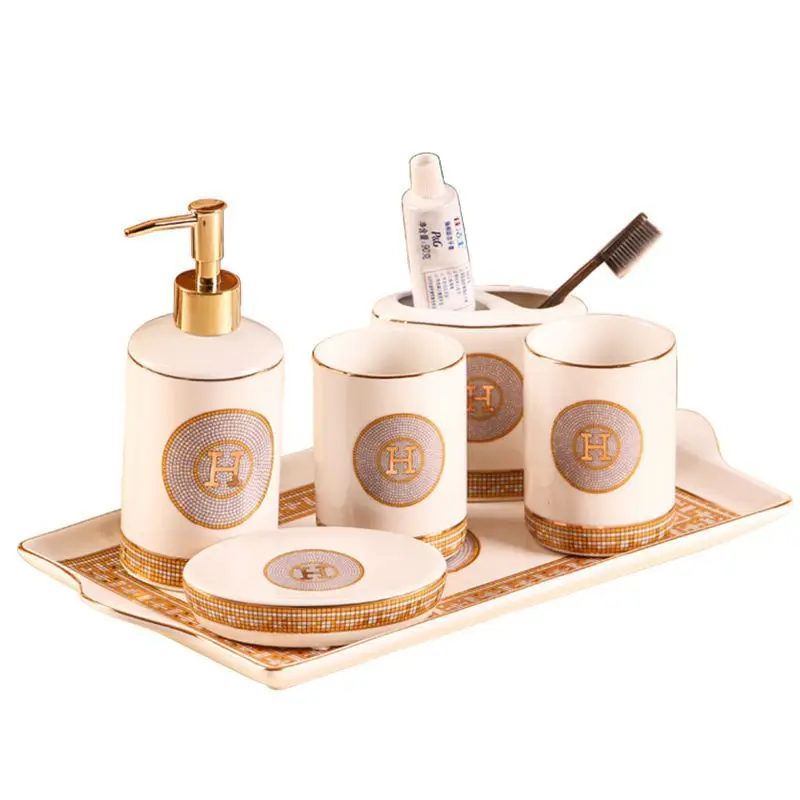 

European luxury ceramic bathroom five piece set with tray toilet gargle cup gargle set bathroom products