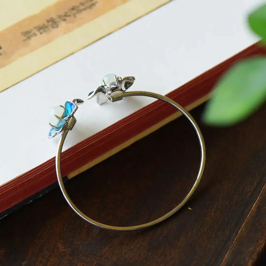 

Ancient Style Bracelet Hanfu Retro Opening Silver Bracelet Female Ethnic Style Hetian Jade Sterling Silver Bracelet to Give Mom