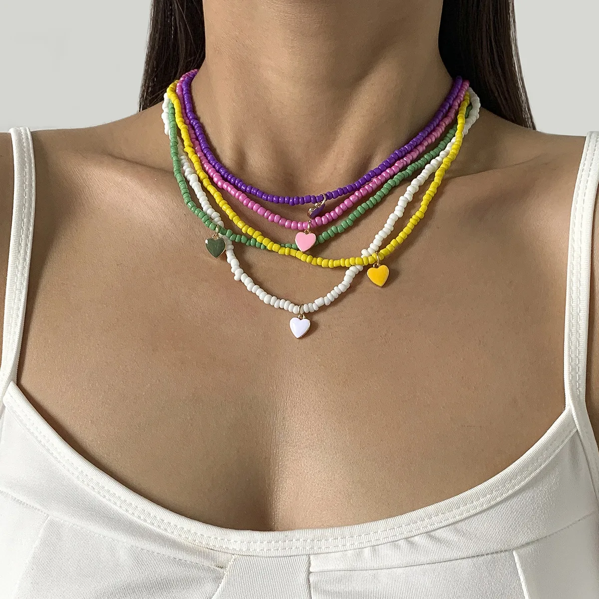

Handmade Plain Plastic Beads Necklace Jewellery Set Fashion Enamel Heart Pendant Choker For Women Layered