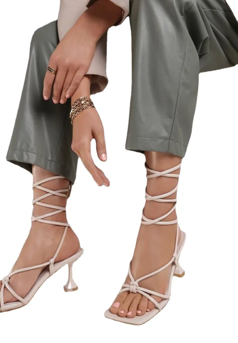 

2021 new fashion sexy square lace up rubber sole professional fashion sandals